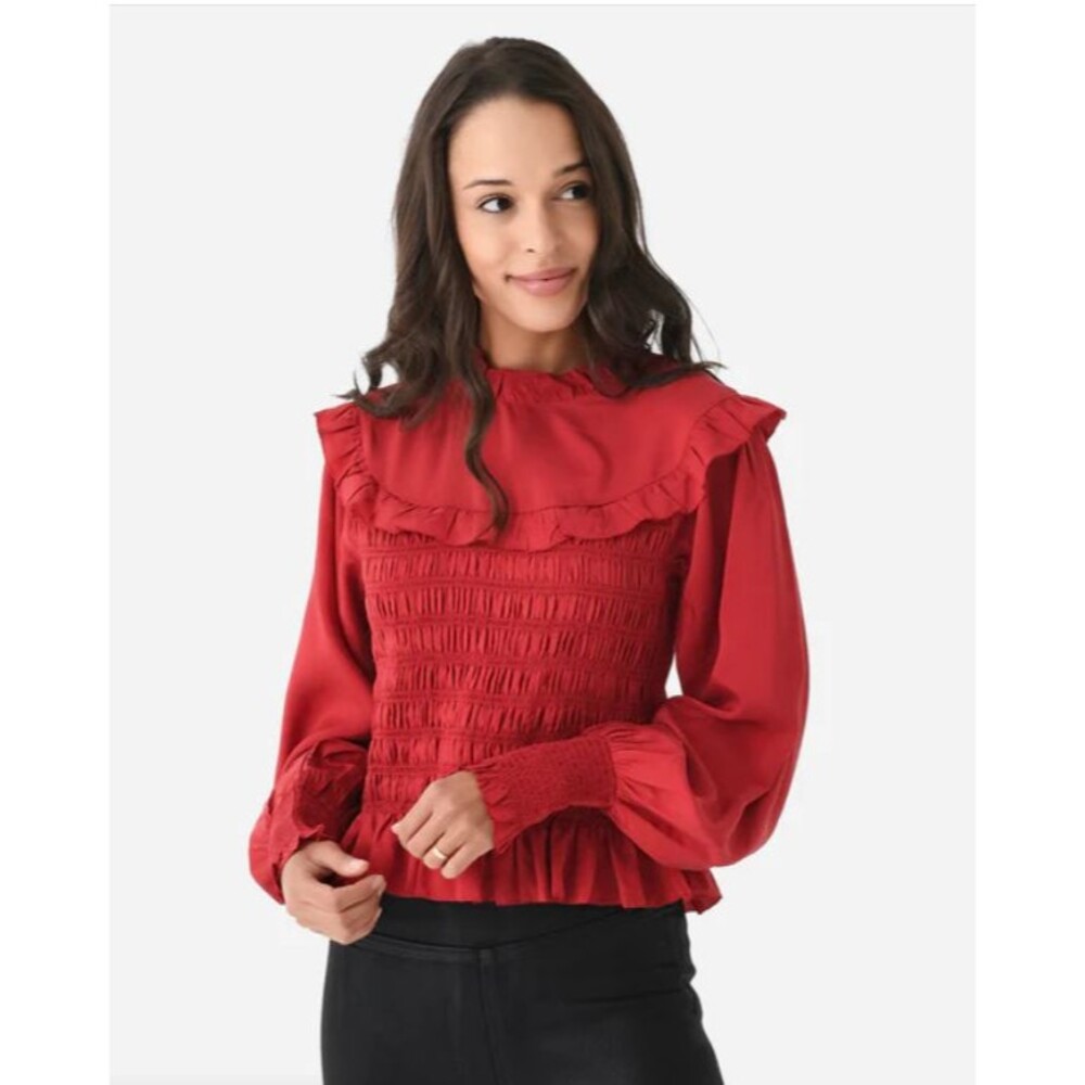 SEA New York Women's Elea Silk Dupioni Smocked Top Long Sleeve Button Back Large